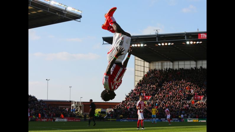 Stoke City forward Mame Biram Diouf celebrates after he scored a goal against Crystal Palace in a Premier League match played Saturday, March 21, in Stoke-on-Trent, England. Crystal Palace fought back to win 2-1.