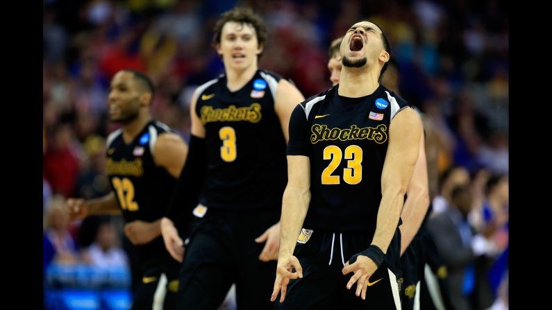 Wichita State point guard Fred VanVleet reacts after hitting a 3-pointer against Kansas during an NCAA Tournament game played Sunday, March 22, in Omaha, Nebraska. VanVleet and the Shockers upset the higher-seeded Jayhawks 78-65 to clinch a spot in the tournament's "Sweet Sixteen."