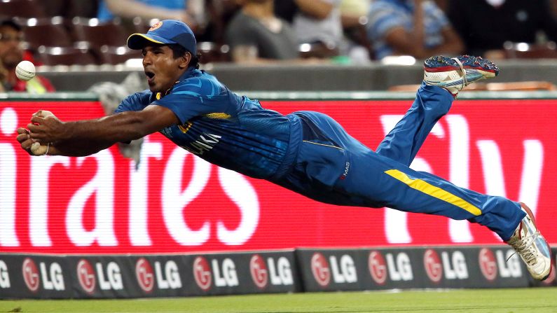 Sri Lanka's Kusal Perera drops a catch during the Cricket World Cup quarterfinal against South Africa on Wednesday, March 18. South Africa won by nine wickets and advanced to the semifinals against New Zealand, which is one of the tournament co-hosts along with Australia.