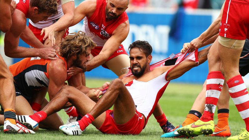 Lewis Jetta of the Sydney Swans has his shirt ripped during an Australian Football League match against the Greater Western Sydney Giants on Sunday, March 22.