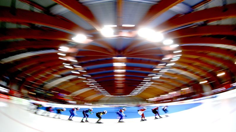 Speedskaters make a turn Sunday, March 22, during a World Cup race in Erfurt, Germany. Erfurt was the final event on this season's World Cup calendar.