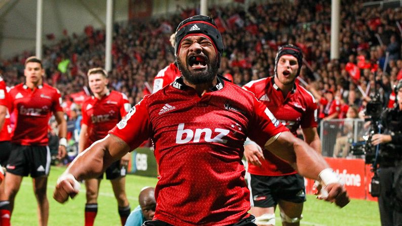 Jordan Taufua of the Crusaders celebrates after scoring a try during a Super Rugby match Saturday, March 21, in Christchurch, New Zealand.
