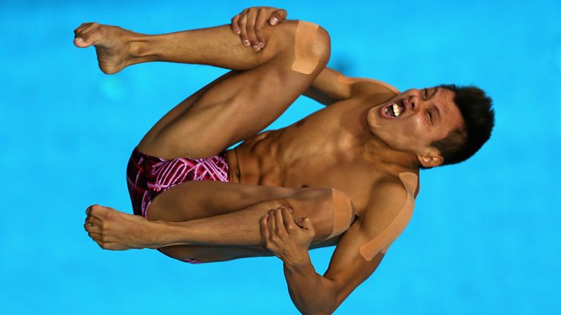 Mexican diver German Sanchez competes in the 10-meter platform Saturday, March 21, during a Diving World Series event in Dubai, United Arab Emirates.