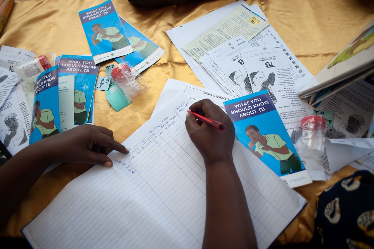Village health teams help spread information about the signs and symptoms of TB for to help people come forward for testing. Those who do come forward are logged to ensure they received their test results.