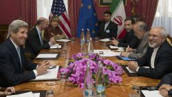 U.S. Secretary of State John Kerry, second left, holds a meeting with Iran's Foreign Minister Mohammad Javad Zarif, right, over Iran's nuclear program, in Lausanne, Switzerland, Wednesday March 18, 2015.
