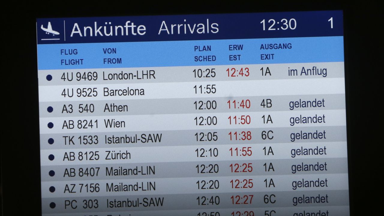 The arrivals board shows Flight 4U 9525 without a status at the airport in Duesseldorf on March 24.