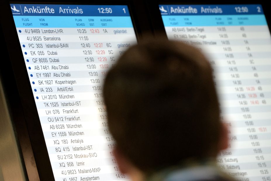 The arrivals board at the Dusseldorf Airport shows Germanwings Flight 9525 without a status on March 24.