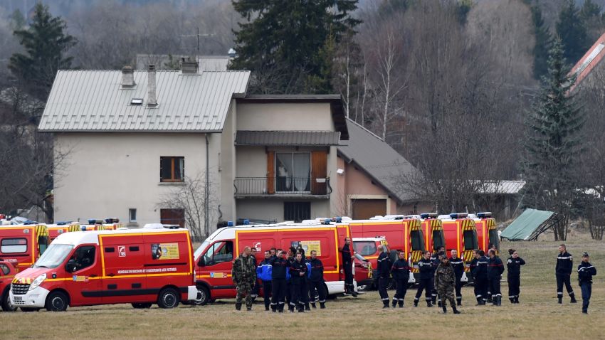 Emergency response teams gather in Seyne, France, on March 24, near the site where the plane crashed in the French Alps.