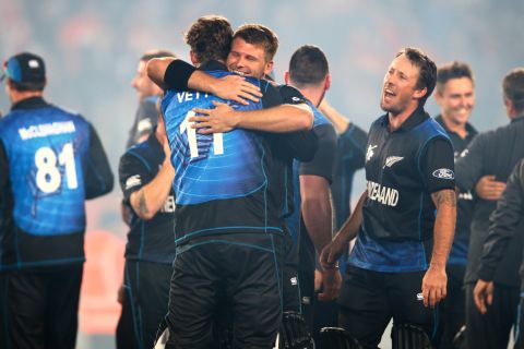 New Zealand's players celebrate after its win. McCullum told the crowd the Kiwi players were enjoying "the greatest time of our lives." It will face either India or fellow hosts Australia in Sunday's final.