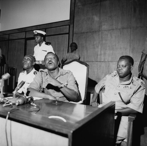 After gaining its independence in 1960, Nigeria becomes a republic in 1963, with Nnamdi Azikiwe assuming the role of president. Two years later a federal election takes place, but many question the transparency of the vote and suggest fraud. Major General Johnson Aguiyi-Ironsi (pictured in the center) steps into the power vacuum and mounts a coup, starting what would become over three decades of intermittent military rule.