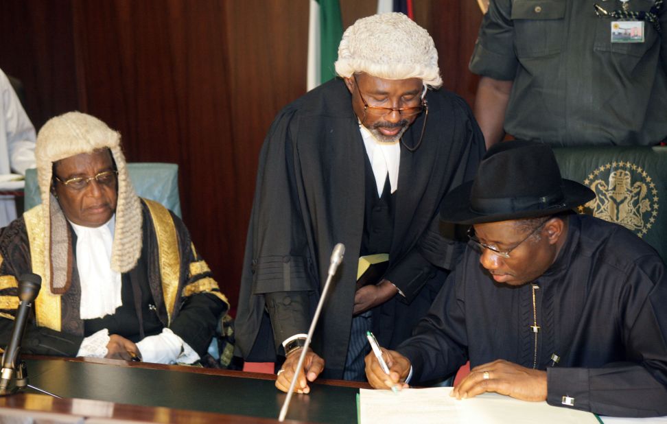 Former Vice President Goodluck Jonathan is sworn in to office after the death of President Umaru Yar'Adua. He goes on to win the 2011 election with 59% of the vote. In January 2012, he faces criticism for removing fuel subsidies, causing the price of petrol to soar, a move that sparks the Occupy Nigeria movement.