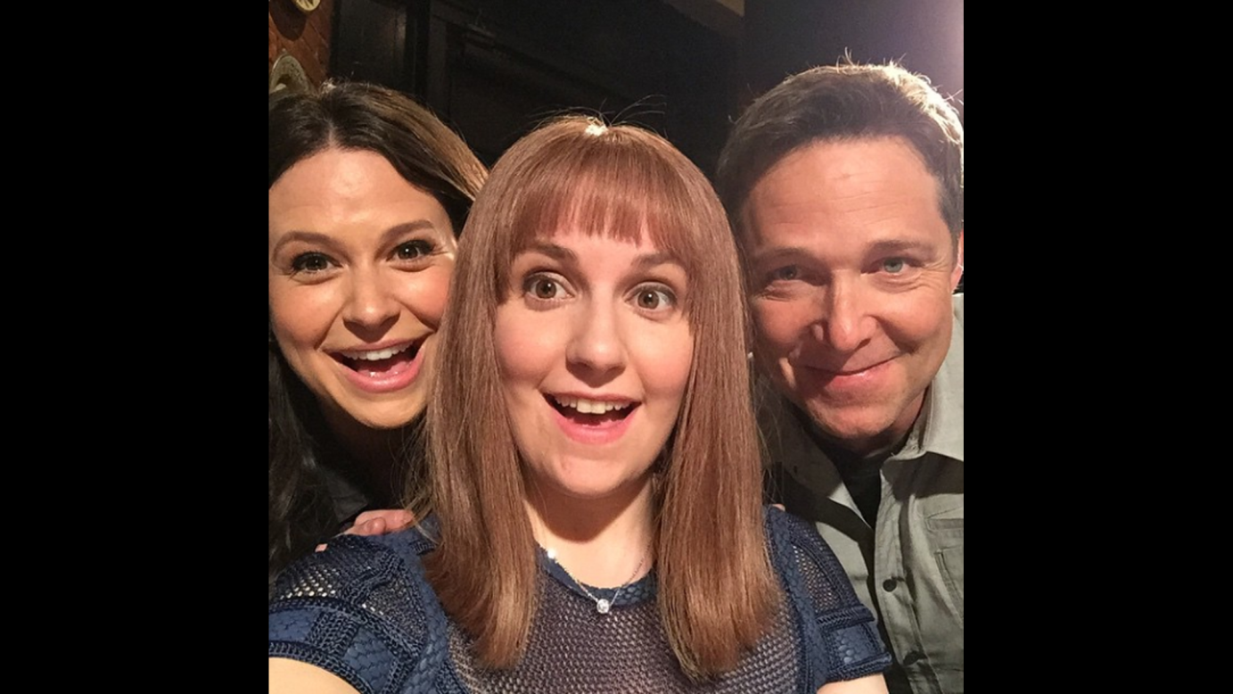 Actress Lena Dunham, center, <a href="https://instagram.com/p/0gARr4i1Ea/?taken-by=lenadunham" target="_blank" target="_blank">takes a selfie with "Scandal" stars Katie Lowes and George Newbern</a> on Saturday, March 21. Dunham guest-starred on the television show. "Dudes I am so sorry I spoiled the end of Scandal for some of my west coast friends!" Dunham wrote to her followers on Instagram. "I was so excited to share my long protected pics that I didn't consider that little time difference. Like all of you, I am a Scandal fan whose heart rate goes up and judgment goes down during a typical ep!"