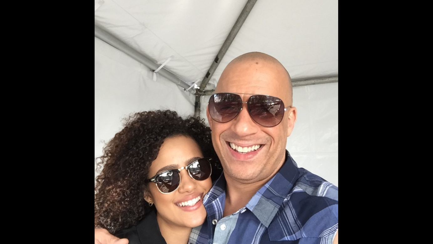 Actor Vin Diesel takes a selfie with actress Nathalie Emmanuel on Saturday, March 21. He called his "Furious 7" co-star an "angel" <a href="https://instagram.com/p/0gkEuSmPiG/?taken-by=vindiesel" target="_blank" target="_blank">on Instagram.</a>