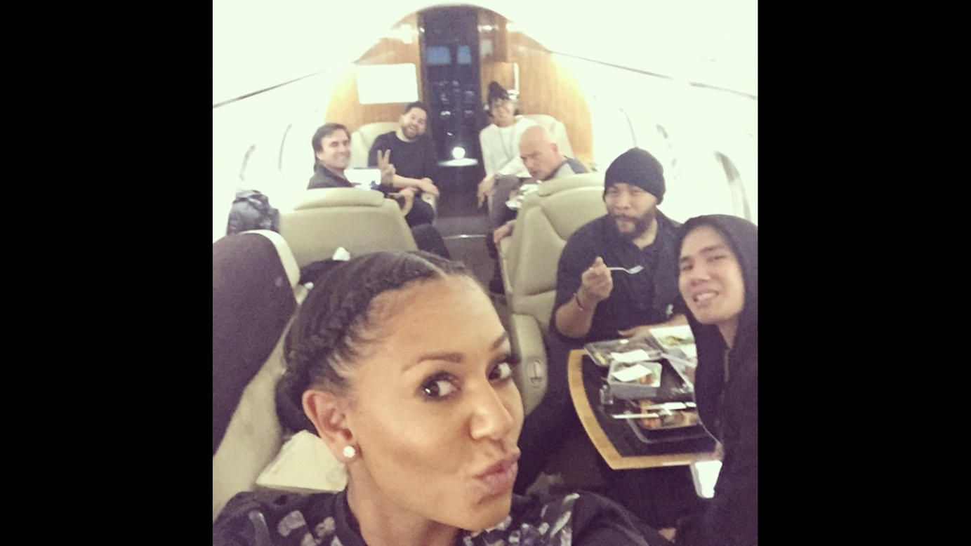 Singer Mel B takes a selfie aboard a plane Saturday, March 21. "Bye bye NY hello LA," <a href="https://instagram.com/p/0gsd5QkBel/?taken-by=officialmelb" target="_blank" target="_blank">she wrote on Instagram.</a> "Yippppeee fun time right now."