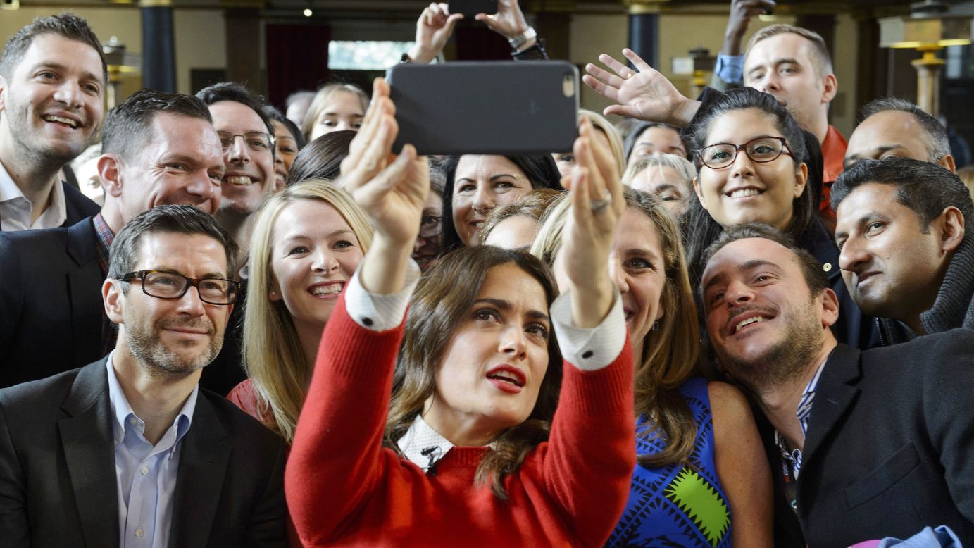 Actress Salma Hayek snaps a selfie in London on Monday, March 23.