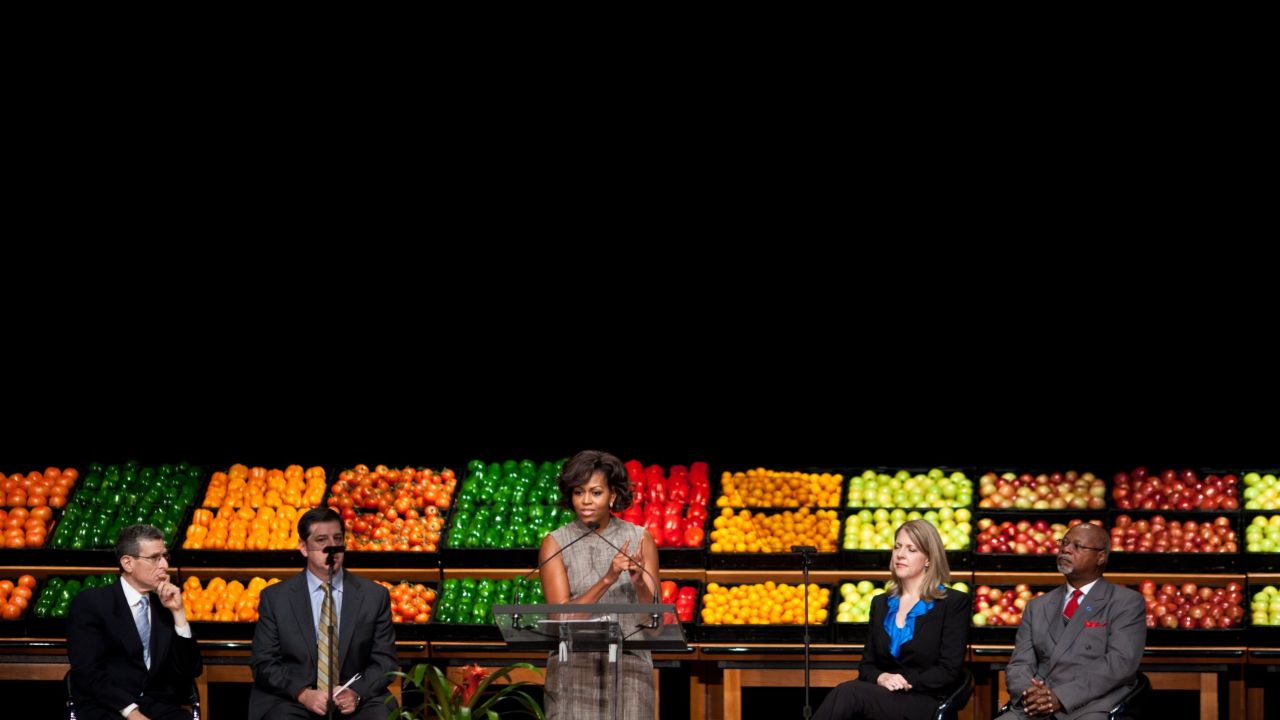 Through the initiative, millions of kids are attending healthier day care centers, where fruits and vegetables have replaced cookies and juice. Michelle Obama speaks at a Let's Move! Walmart announcement at The Arc in Washington in 2010.