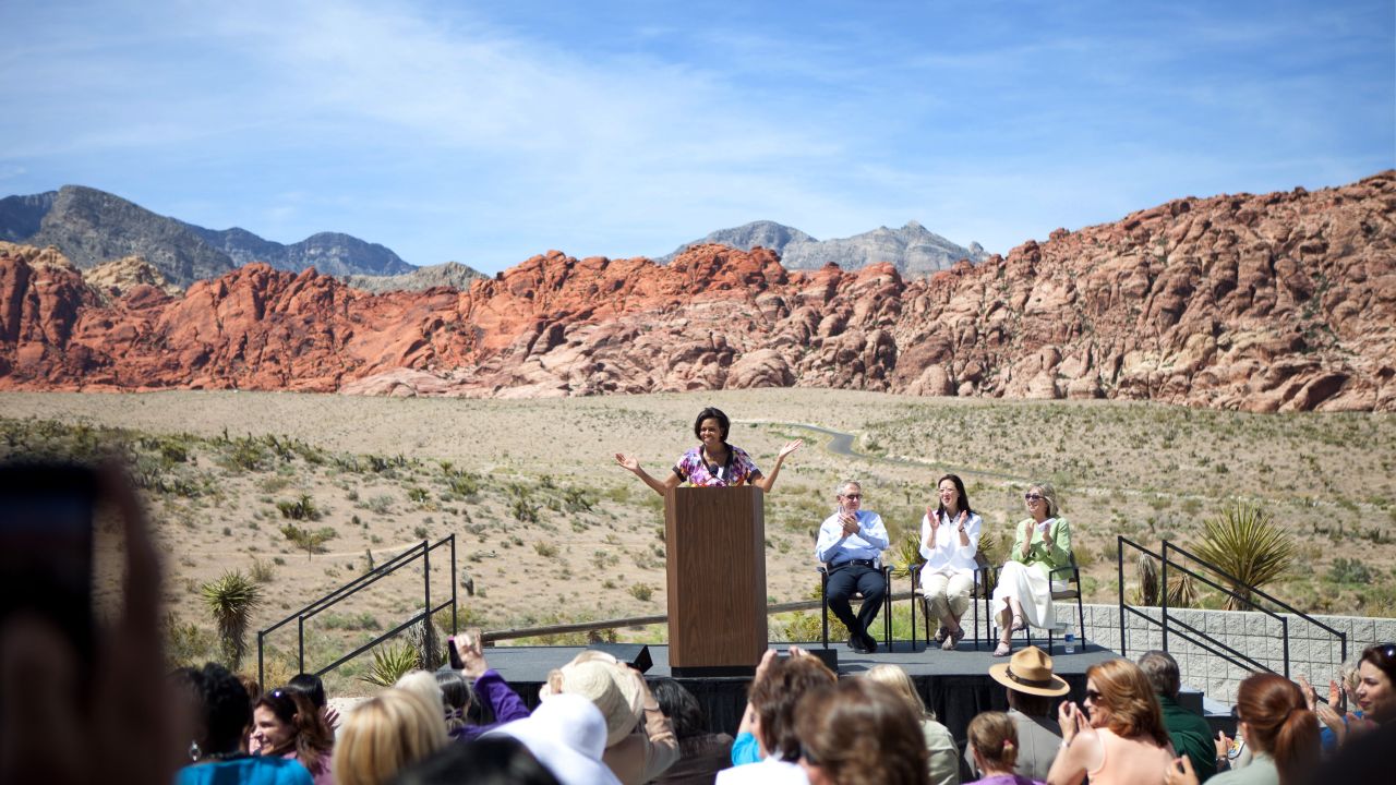 The first lady speaks about Let's Move! at the Visitors Center in Red Rock Canyon, Nevada, in 2010.