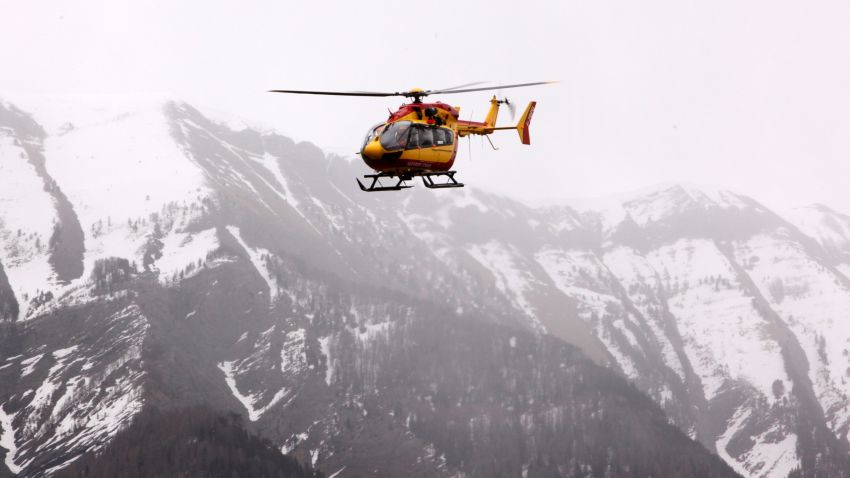 Gendarmerie and French mountain rescue teams arrive near the site of the Germanwings plane crash near the French Alps on March 24, 2015