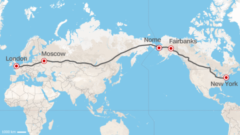Route as roughly interpreted by CNN. The proposed plan for a massive trans-Siberian highway would link Russia's eastern border with the U.S. state of Alaska. 
