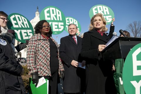From left, Rep. Gwen Moore, Sen. Bob Menendez and Rep. Carolyn Maloney hold a news conference in 2010 outside the U.S. Capitol to call for passage of the ERA. The amendment has been introduced in nearly every session of Congress since 1923.