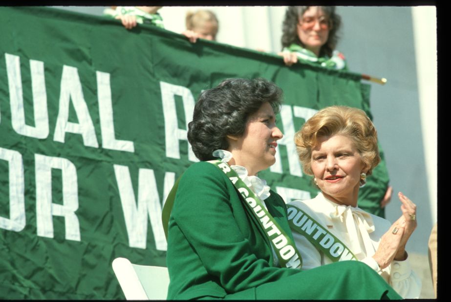 Eleanor Smeal, then-president of the National Organization for Women, left, and first lady Betty Ford attend an ERA rally on the steps of the Lincoln Memorial in 1981.