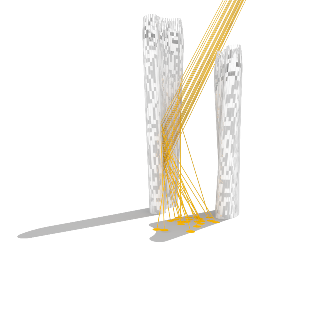 This computer graphic displays how sunlight would be reflected down onto ground level via panels stationed on the side of the larger of two towers.