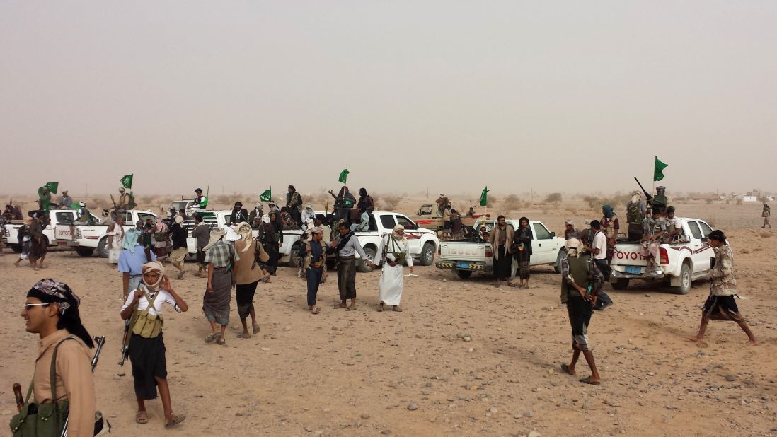 Thousands of armed Yemeni tribal members gather in the southern province of Shabwa on Monday, February 23.