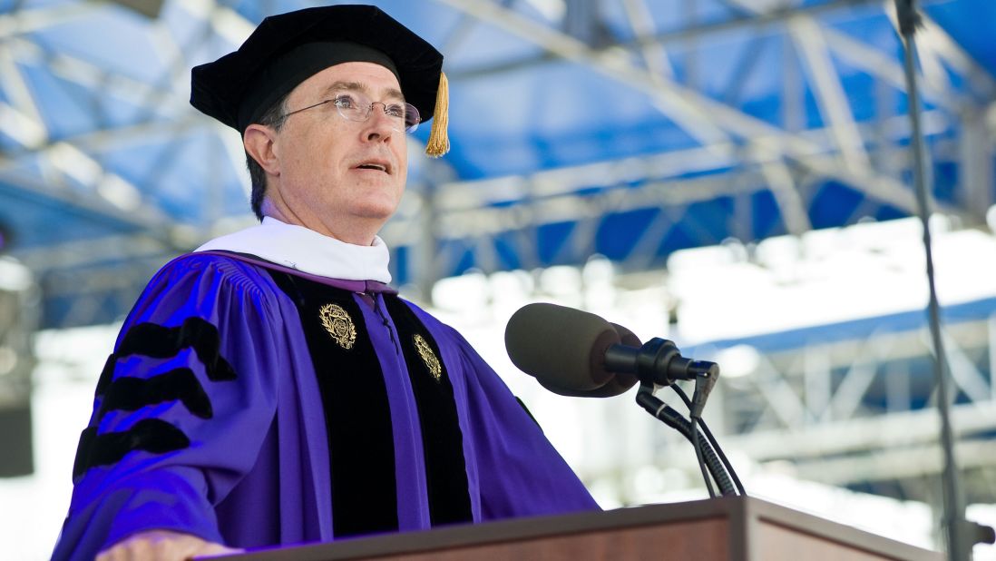 Comedian Stephen Colbert addressed graduates at Wake Forest University in Winston-Salem, North Carolina, on May 18. 