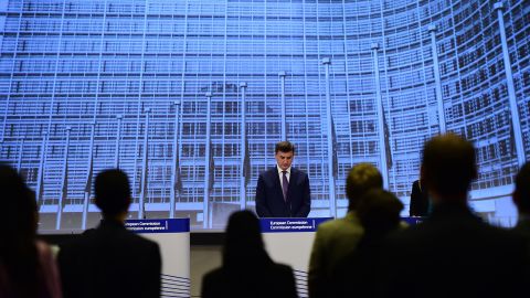 Andrus Ansip, European commissioner for Digital Single Market, marks a moment of silence March 25 at the European Commission in Brussels, Belgium.