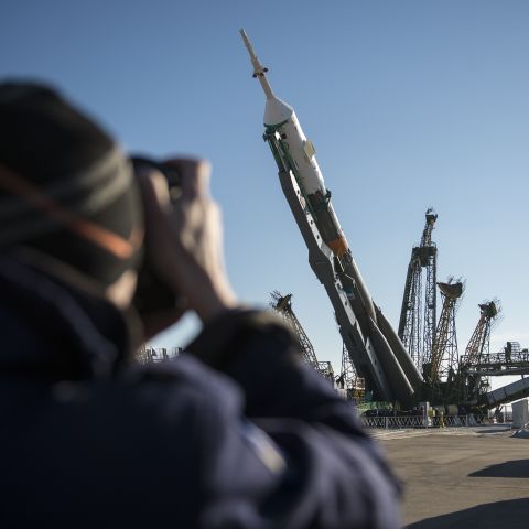 The spacecraft is raised into the vertical position shortly after arriving on the launch pad Wednesday, March 25.