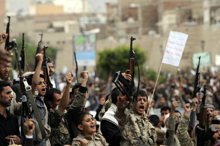 Yemeni supporters of the Houthi movement attend a demonstration against Saudi military operations Thursday, March 26, in Sanaa.