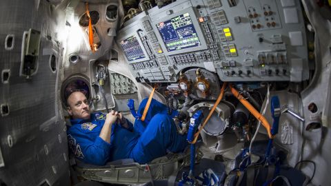 Kelly is seen inside a Soyuz simulator at the Gagarin Cosmonaut Training Center in Star City, Russia, on Thursday, March 5.