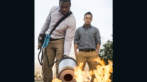 Two engineering students developed a fire extinguisher that works with sound waves. Photo by Evan Cantwell/George Mason University