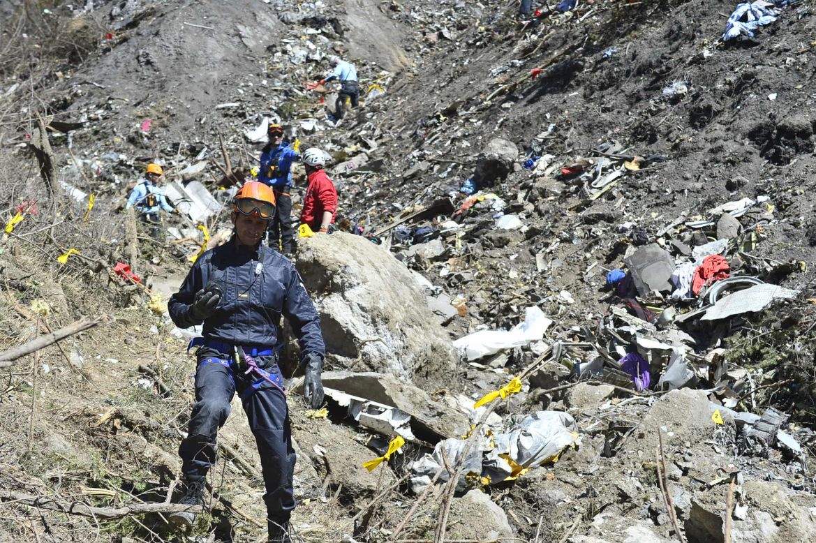 Rescue workers in France search the site of the <a href="http://www.cnn.com/2015/03/24/world/gallery/france-plane-crash/index.html">Germanwings plane crash</a> on Thursday, March 26. Germanwings Flight 9525 was en route from Barcelona, Spain, to Dusseldorf, Germany, when it crashed in the French Alps on Tuesday, March 24. There were 144 passengers and six crew members on board. Officials said later that the plane's co-pilot <a href="http://www.cnn.com/2015/03/26/europe/france-germanwings-plane-crash-main/index.html" target="_blank">purposely crashed the aircraft</a>.