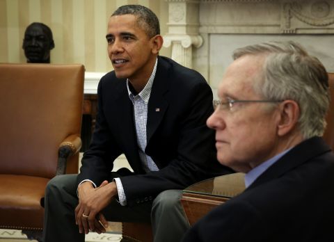 President Barack Obama meets with Senate Democratic leadership, including Reid, to discuss the government shutdown on October 12, 2013.