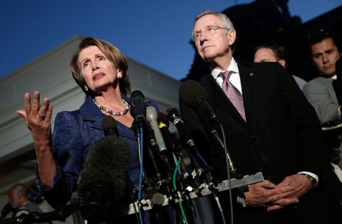 U.S. House Minority Leader Rep. Nancy Pelosi, D-California, and Reid speak to the media after a meeting at the White House with Obama about the 2013 government shutdown.