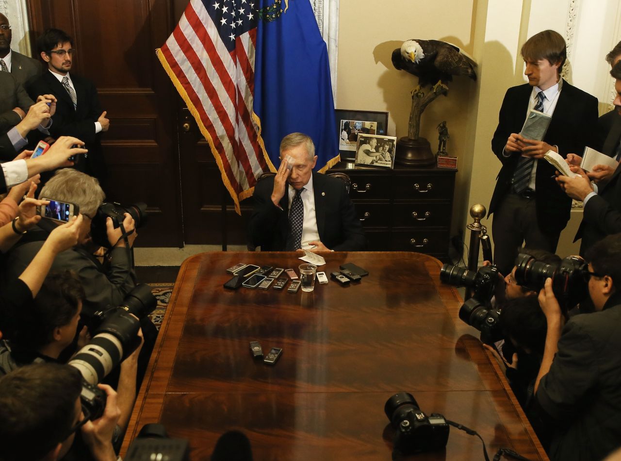 Reid speaks during a pen and pad session with reporters at the U.S. Capitol on January 22. Reid described the eye injury he suffered over the Christmas break.