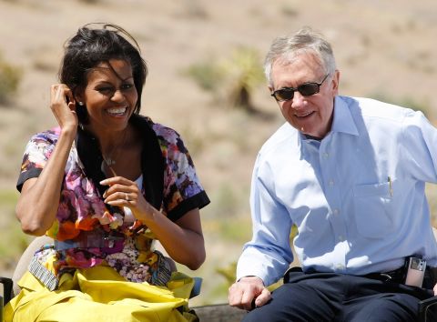 First lady Michelle Obama and Reid appear at the Red Rock National Conservation Area during an event to help launch Obama's Let's Move Outside! initiative to promote more outdoor activity for children June 1, 2010.