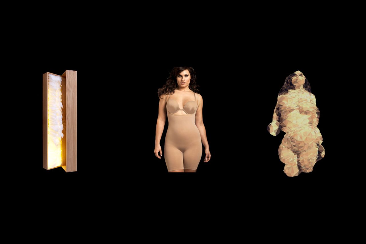 In this project, a random image is fed into Google's search-by-image function and returns an photo of a woman modelling a body-slimming outfit. This is then put through an "algorithmic image-comparison technique" which automatically designs a 3D printable object.