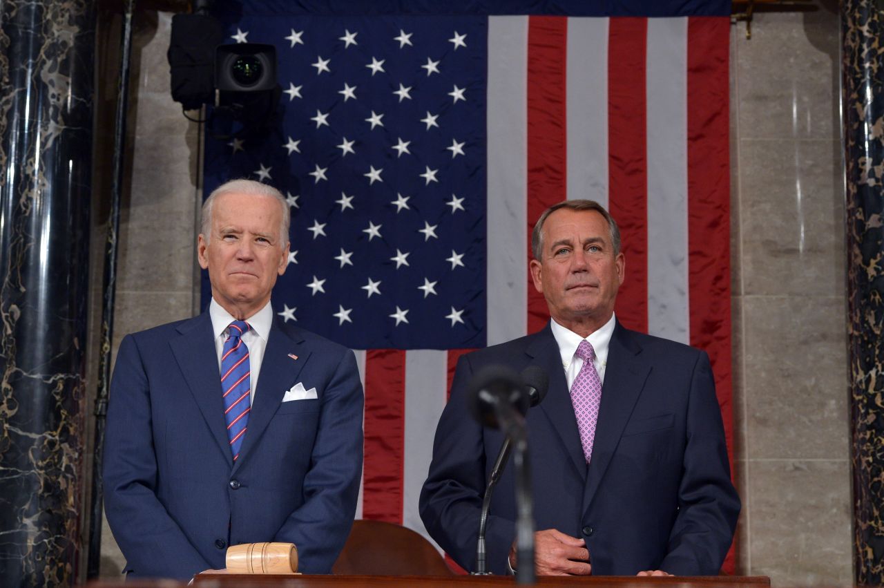 U.S. Vice President Joe Biden and Speaker of the House John Boehner await the arrival of President Barack Obama for the State of The Union address on January 20 in the House Chamber of the Capitol.