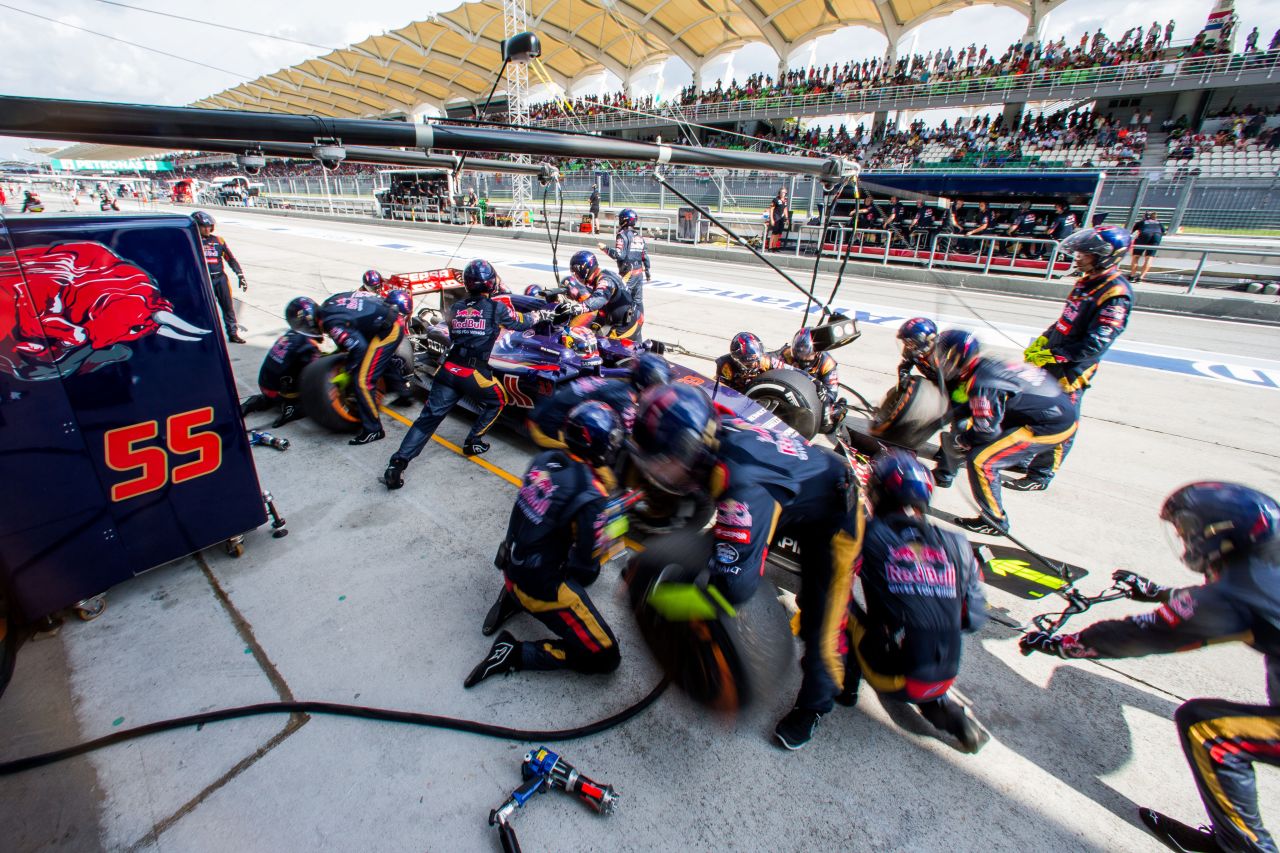 Teenager Max Verstappen takes a pit stop in the Toro Rosso on the way to his historic seventh place in Malaysia.