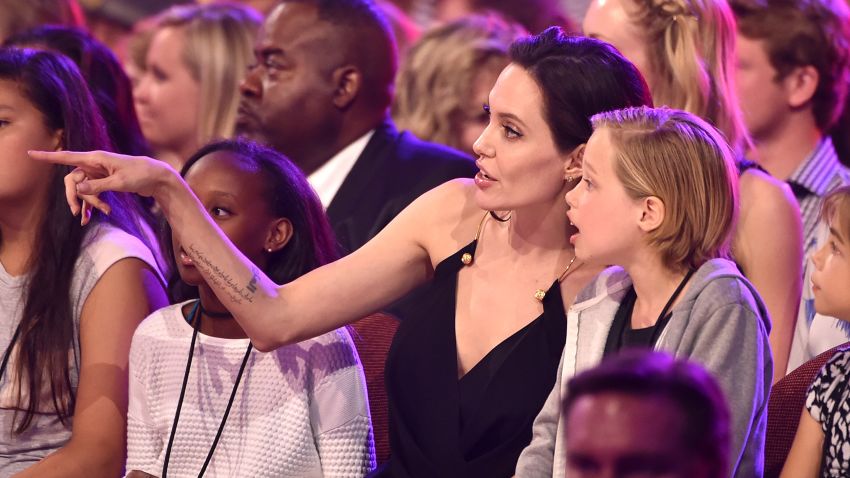 Zahara Jolie-Pitt, left, actress Angelina Jolie and Shiloh Jolie-Pitt in the audience during Nickelodeon's 28th Annual Kids' Choice Awards held at The Forum on March 28, 2015 in Inglewood, California.