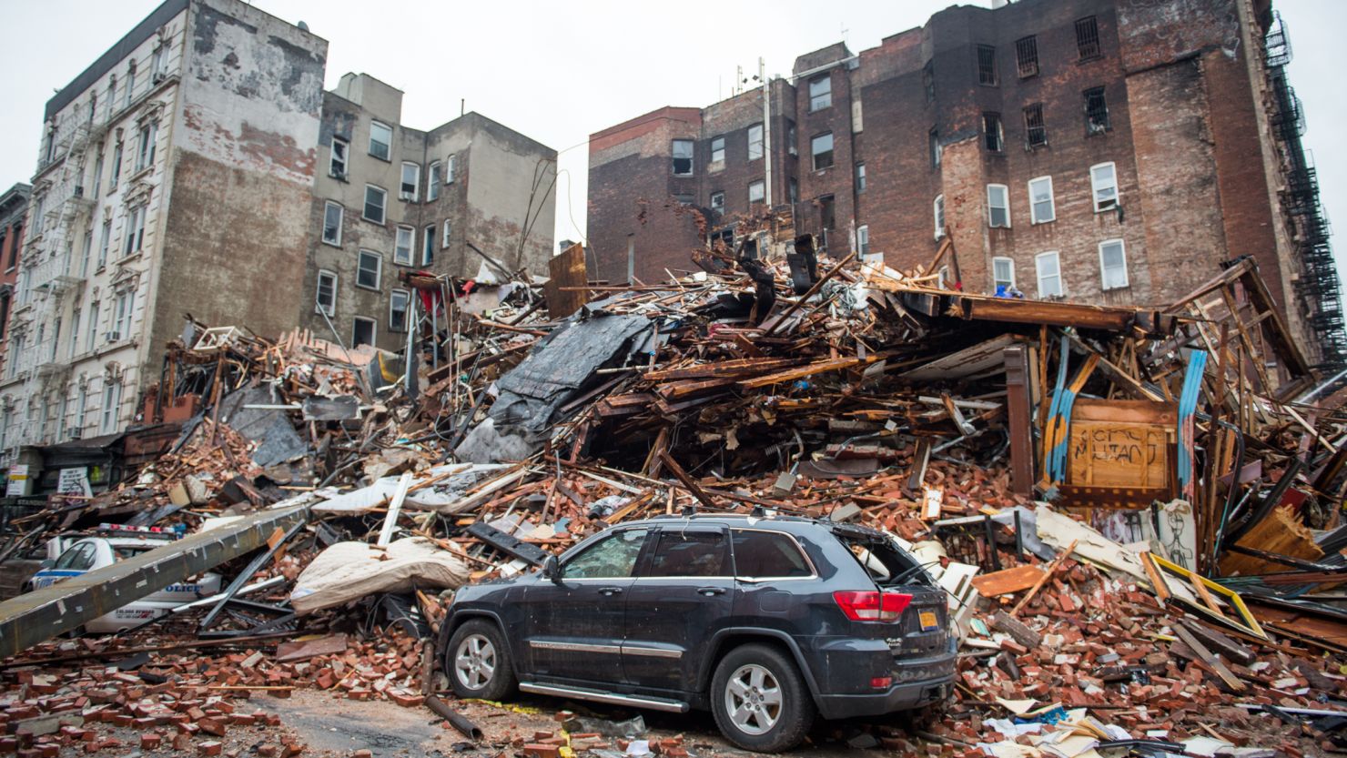 Boards and bricks litter the site after a gas explosion on March 26, 2015 destroyed buildings in New York's East Village.