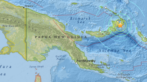 A map by the U.S. Geological Survey shows the epicenter of an magnitude 7.7 earthquake, 54 km (34 km) southeast of Kokopo, Papua New Guinea on March 29, 2015.