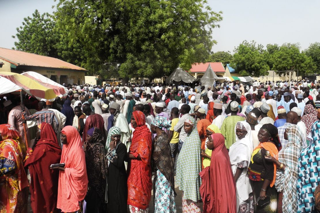 Women at an Internally Displaced People (IDP) camp in northern Nigeria queue to register for the election on March 28.