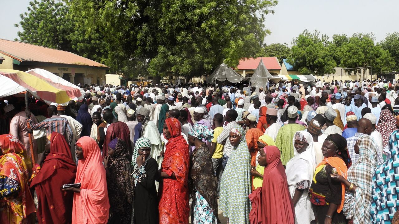 Women at an Internally Displaced People (IDP) camp in northern Nigeria queue to register for the election on March 28.