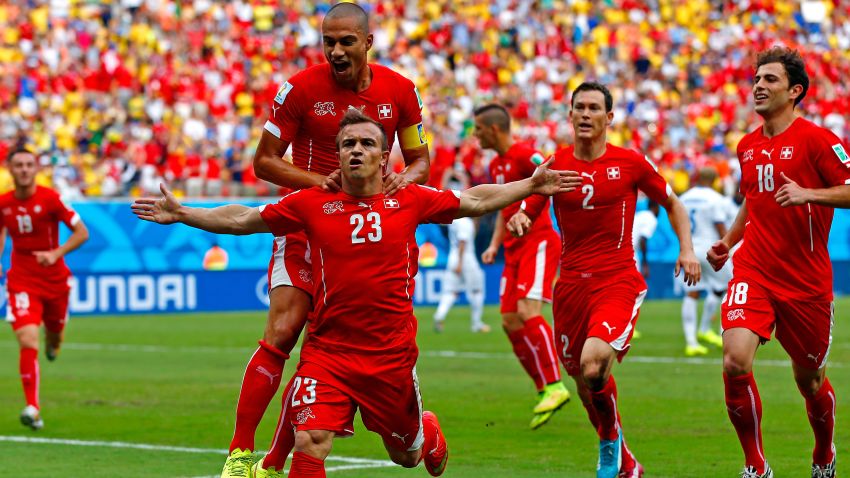 MANAUS, BRAZIL - JUNE 25: Xherdan Shaqiri of Switzerland celebrates scoring his team's first goal during the 2014 FIFA World Cup Brazil Group E match between Honduras and Switzerland at Arena Amazonia on June 25, 2014 in Manaus, Brazil. (Photo by Matthew Lewis/Getty Images