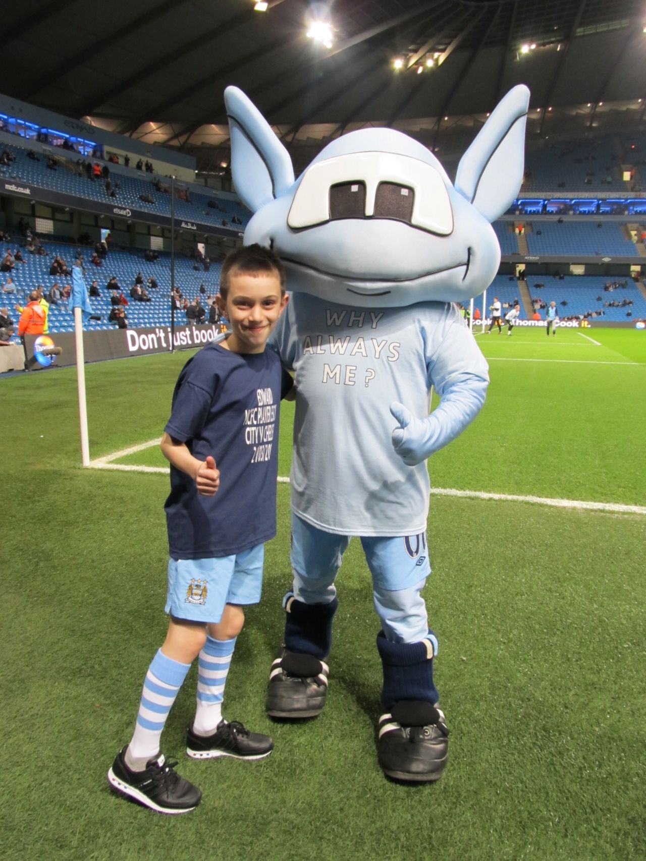 Edward, now 11, is a regular visitor to Manchester City, the English Premier League champion. On one occasion he met the club's mascot.