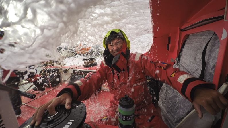 Jiru Yang competes for the Dongfeng Race Team during the fifth stage of the Volvo Ocean Race on Friday, March 27. "When I have to remove my gloves," he said, "after two minutes I can't feel my hands anymore." The ocean marathon started in October and will visit 11 countries over nine months.