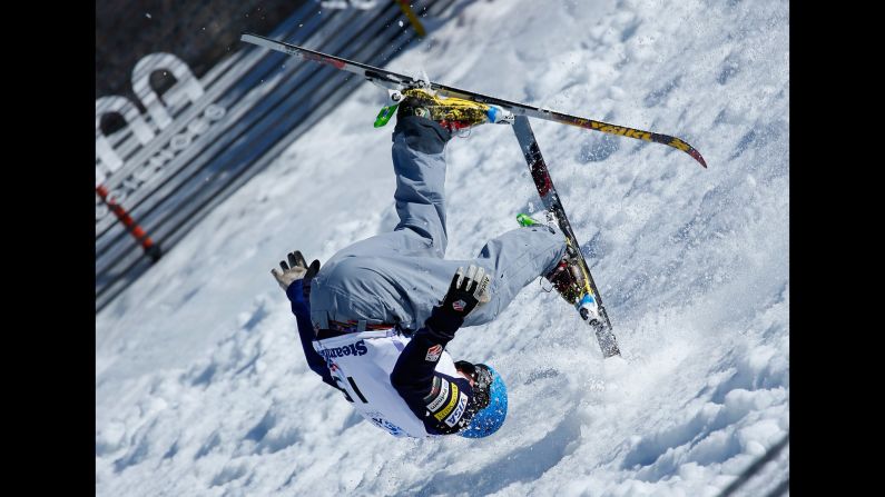 Freestyle skier Dakota Fochs misses his landing Saturday, March 28, while competing in the aerials event at the National Championships in Steamboat Springs, Colorado.
